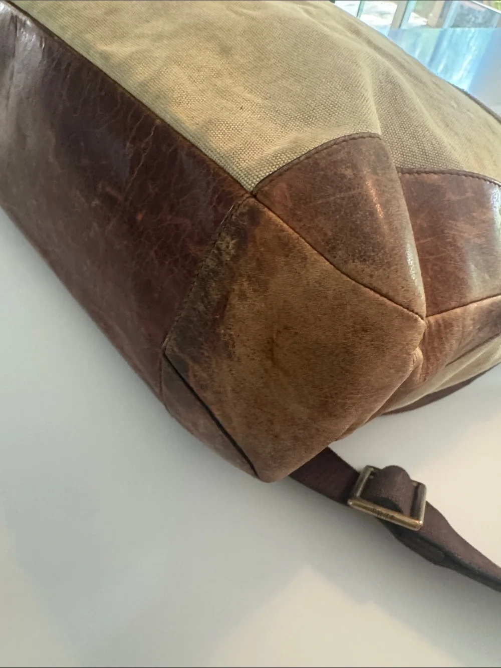 Frye Tan Canvas and Brown Leather Messenger Bag
